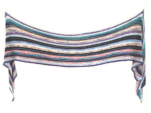 A striped knitted wrap made from twenty five mini skeins arranged in random colour order of purples, greens, whites and pinks hanging on a white background (Adventuring Wrap by Ambah O'Brien)