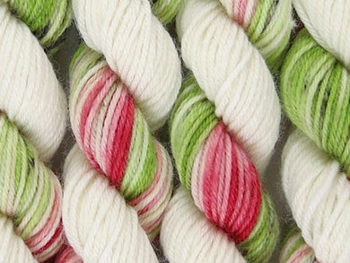 A close up of variegated white, red and green with black speckles coloured skeins of superwash merino and nylon 4ply fingering sock yarn (Christmas Pavlova on Tough Stocking)