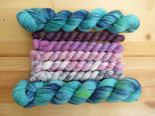 Load image into Gallery viewer, Five variegated mini skeins of yarn in shades of dusty pinks and purples flanked by two full sized variegated blue-green skeins lined up horizontally on a pale wooden background
