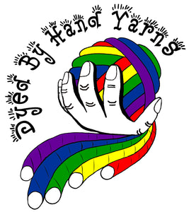 A logo consisting of a bright rainbow coloured ball of yarn held by a hand with the words Dyed By Hand Yarns