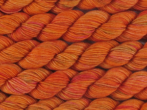 A close up of variegated bright orange, coral, hot pink and moss green coloured mini skeins of superwash merino and nylon 4ply fingering sock yarn arranged horizontally (Gorgon's Head Coral on Tough Stocking Mini)
