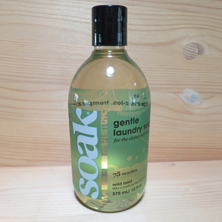 One large bottle of Soak rinse-free laundry liquid with a mint green label, on a pale wooden background (Wild Mintscent)