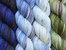 Load image into Gallery viewer, A close up of four skeins of yarn from left to right: variegated deep blue; variegated white, blue and brown; variegated white, grey and yellow with brown speckles; and variegated olive greens, cream and brown (The Peacock Twenty Four Birds MKAL Yarn Kit on Tough Stocking)
