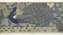 Load image into Gallery viewer, Design by William Frend De Morgan for a tile panel featuring a peacock on a background of grapevines. On the right is a vase of carnations. the colours are various blues and soft greens on a creamy beige background
