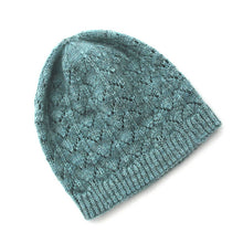 Load image into Gallery viewer, A pale blue-green fishtail lace beanie sits on a white background.
