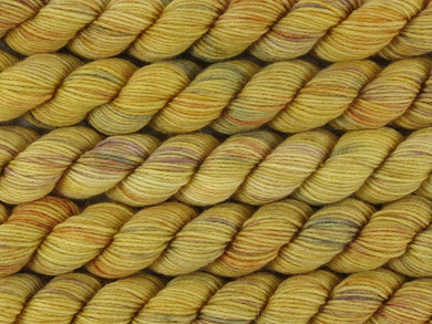 A close up of multiple variegated light golden yellow with hints of rust, maroon and grey mini skeins of superwash merino and nylon 4ply fingering sock yarn arranged horizontally (Yellowblock on Tough Stocking Mini)